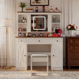 Sunvega Makeup Vanity Desk with Sliding Mirror Dimmable Lights and Charging Station