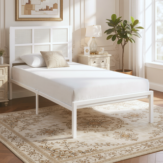 Sunvega White Faux Cane Panel Headboard King Platform Bed with Metal Frame