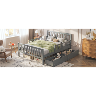 Sunvega Twin Size Walnut Wood Platform Bed with Guardrails and Two Storage Drawers