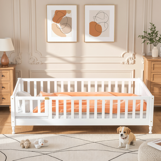 Sunvega Natural Rubber Wood Twin Size Floor Bed with Safety Guardrails and Door