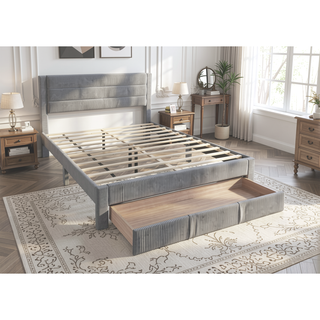 Sunvega Modern Gray Corduroy Upholstered Headboard Queen Size Bed with Storage Drawer