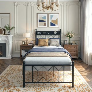 Sunvega Twin Bed Frame with LED Headboard Charging Station and Storage Space