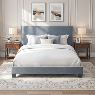 Sunvega Plush Velvet Upholstered Platform Bed with Nailhead Trim and Padded Headboard