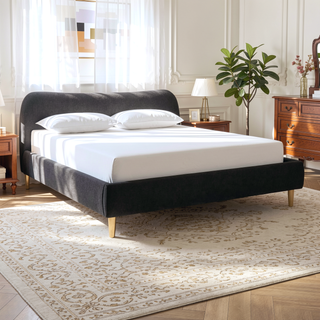 Sunvega King Upholstered Platform Bed with Curved Headboard in Oatmeal Chenille