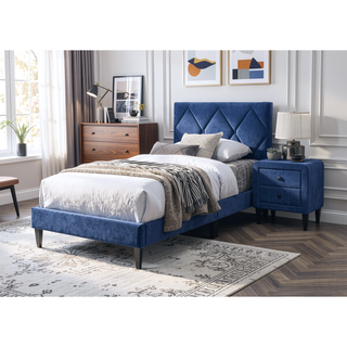 Sunvega Adjustable Velvet Upholstered Twin Bed with 12 Slat Support System