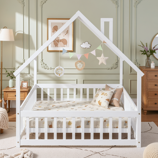 Sunvega Full Size House Shaped Headboard Floor Bed with Safety Fence Guardrails
