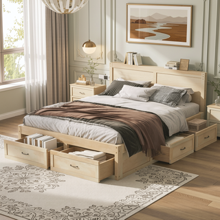 Sunvega Antique Natural Queen Size Platform Bed with 6 Spacious Storage Drawers