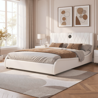 Sunvega Queen Size Faux Leather Platform Bed with RGB LED Lights Bluetooth Speakers