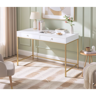 Sunvega White High Gloss Gold Finish Contemporary Vanity Desk with 2 Storage Drawers