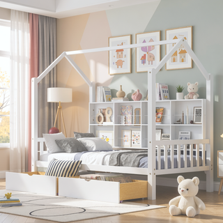 Sunvega White Twin Size Wooden House Bed with 2 Storage Drawers and Shelf