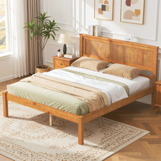 Sunvega Sturdy Wood Platform Bed Frame with Headboard for Queen Size Oak Finish