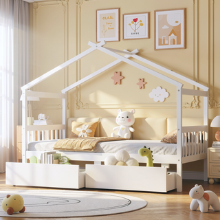 Sunvega Twin Size Wooden House Bed with Drawers and Headboard for Kids Room