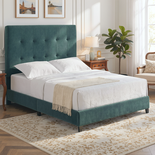 Sunvega Queen Size Green Velvet Tufted Upholstered Platform Bed with Headboard
