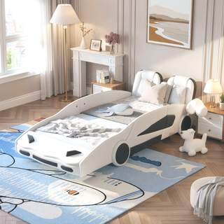 Sunvega Twin Size White Race Car Platform Bed with Wheels for Kids Bedroom