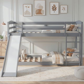 Sunvega Twin over Twin Floor Low Bunk Bed with Ladder for Kids Bedroom