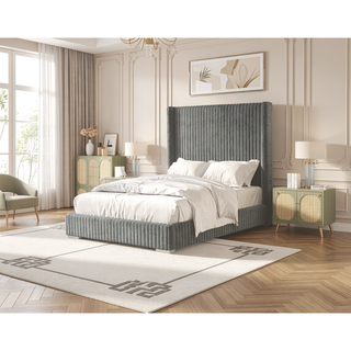 Sunvega Contemporary White Fur Chenille Fabric Mattress Ready Queen Size Bed
