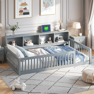Sunvega White Wood Twin XL Floor Bed with Storage Cabinets and USB Charging Ports