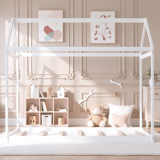Sunvega Twin Size Gray Wooden House Bed with Eaves Design for Kids Room