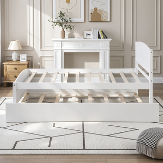 Sunvega White Twin Size Wood Platform Bed with Trundle for Maximized Space