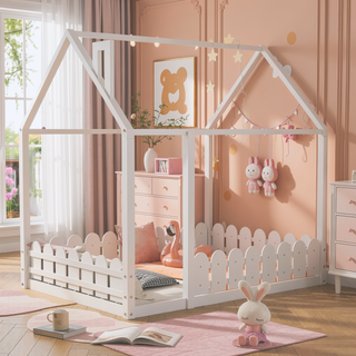Sunvega Full Size Wood Playhouse Bed Frame with Fence for Kids and Teens