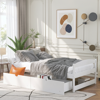 Sunvega White Twin Size Platform Bed with Trundle and Headboard Footboard