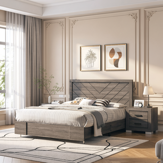 Sunvega Contemporary Grey Finish Queen Size Bed with Clean Lines Headboard
