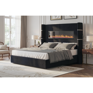 Sunvega King Size Upholstered Wooden Bed with Bluetooth Speakers and USB Ports