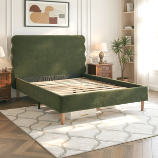 Sunvega Retro Modern Wavy Headboard Platform Bed with Upholstered Frame in Antique White