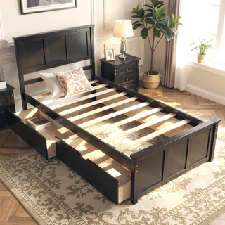 Sunvega Twin Size Platform Bed with Trundle in Espresso Made of Solid Wood
