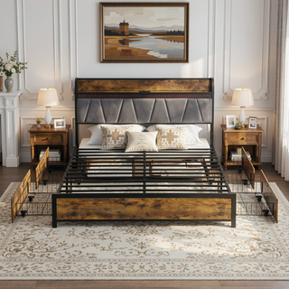 Sunvega Queen Bed Frame with Storage Headboard USB Outlets LED Lights and 4 Drawers