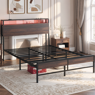 Sunvega Full Size Bed Frame with LED Lights Headboard Charging Station and Storage Shelf
