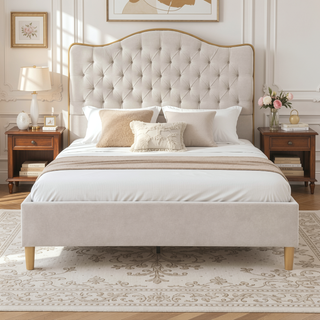 Sunvega Upholstered Queen Bed Frame with Tufted Headboard and Curved Design