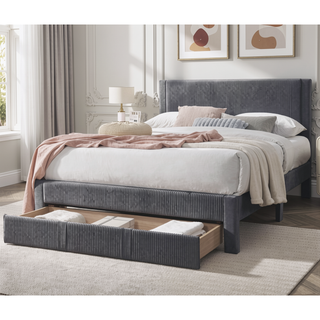 Sunvega Modern Charcoal Corduroy Upholstered Queen Size Platform Bed with Storage Drawer