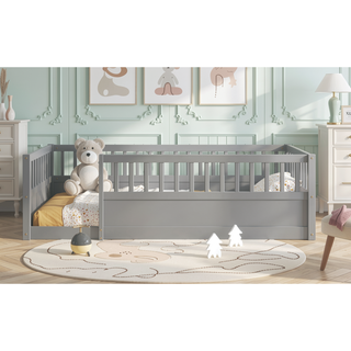 Sunvega Montessori Wooden Children's Floor Bed Frame with High Safety Fence