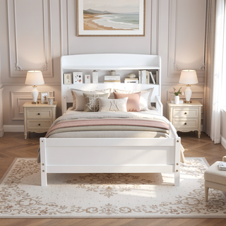 Sunvega Twin Pine Wood Bed with LED Motion Sensor Light and Bookcase Headboard