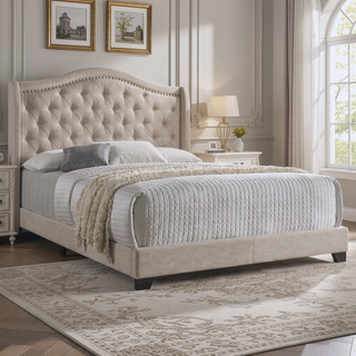 Sunvega Copper Beige Upholstered Queen Wingback Bed with Classic High Back Design