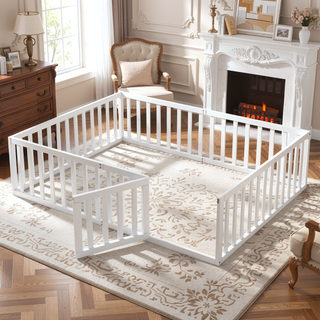 Sunvega Twin Size Wood Floor Bed Frame with Fence and Door in Walnut Finish