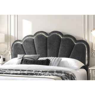 Sunvega Full Size Bed with Floral Design Headboard in Charcoal Wool Fabric