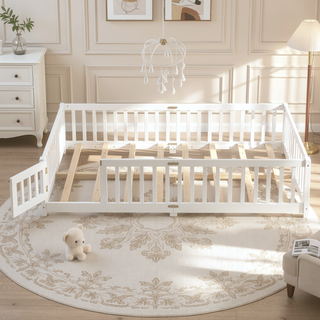 Sunvega Twin Size Floor Bed with Safety Guardrails and Door for Kids in Natural