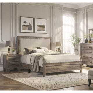 Sunvega Brown Cherry Finish Contemporary Fabric Panel Bed in One Box