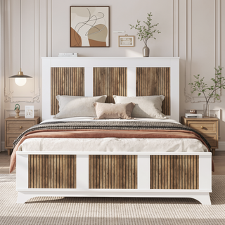 Sunvega White Farmhouse Queen Platform Bed with Wooden Strip Decoration and Plywood Slats