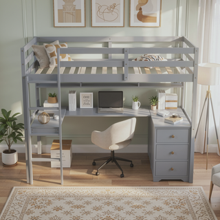 Sunvega Twin Size Loft Bed with Desk, Shelves, Safety Guardrail and Ladder in White