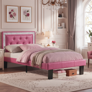 Sunvega Pink Faux Leather Upholstered Full Size Bed with Tufted Headboard