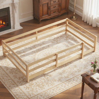 Sunvega Full Size Floor Bed with Fence for Kids Made of Sturdy Pine Wood