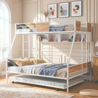 Sunvega Metal Twin over Full Bunk Bed with Trundle and Safety Guardrail