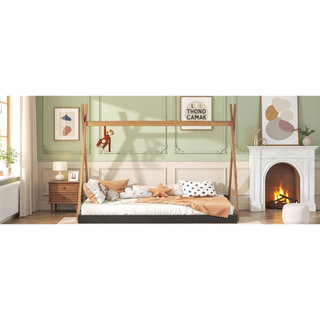 Sunvega Full Size House Platform Bed with Sturdy Triangle Structure and Safety Railings
