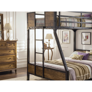 Sunvega Industrial Black Metal Bunk Bed With Wood Panels And Attached Ladder