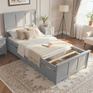 Sunvega Twin Size Platform Bed with Trundle in Espresso Made of Solid Wood