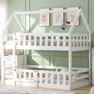 Sunvega Twin over Twin House Bunk Bed with Fence and Door in Gray