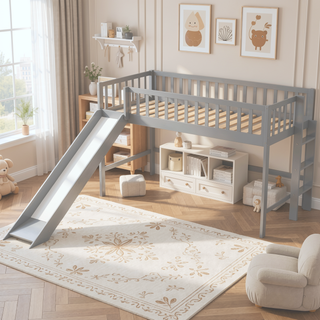 Sunvega Twin Size Low Loft Bed with Slide and Space Saving Ladder in Gray